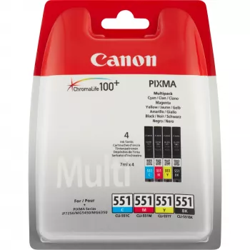 Canon CLI-551 BK/C/M/Y inktpatronen-multipack, standaardcapaciteit, zwart, cyaan, magenta, geel, 4 stuks, multipack