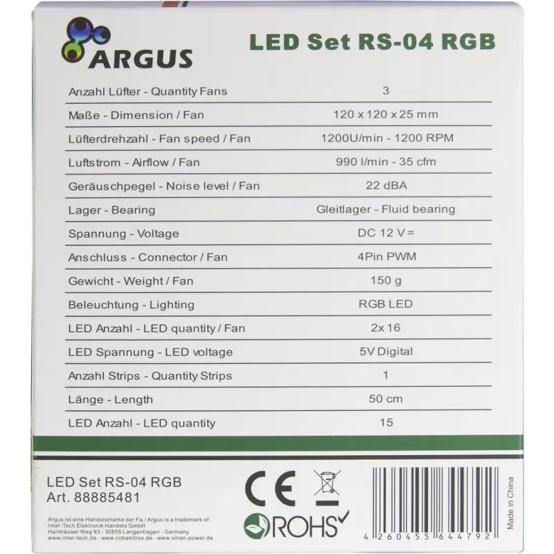 Inter-Tech Argus RS-04 RGB-ventilatorset, 3x 120 mm met 50 cm ledstrip en afstandsbediening, zwart