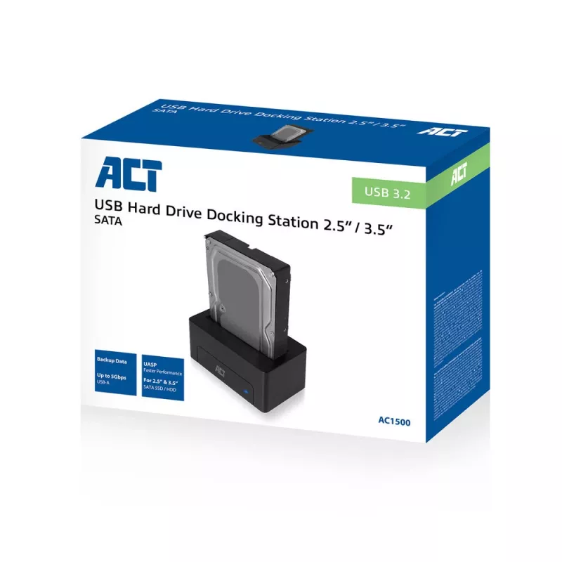 ACT 2,5 inch/3,5 inch SATA HDD/SSD-dockingstation USB 3.2 Gen1 zwart
