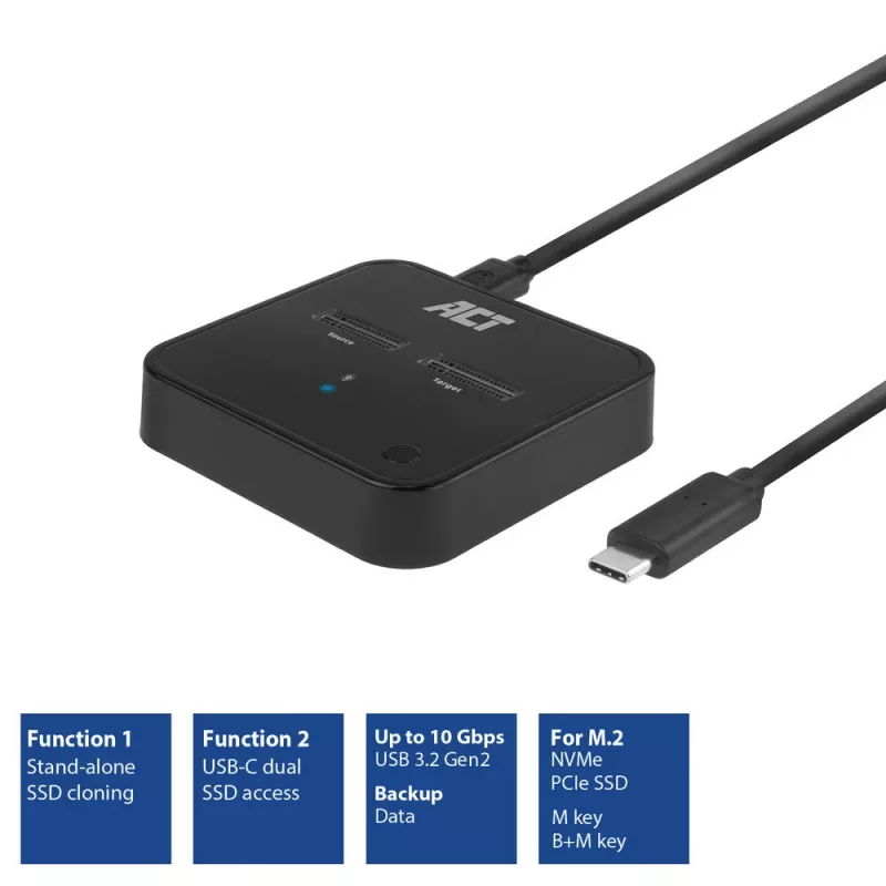 ACT M.2 NVMe/PCIe dual-SSD-docking-kloonstation, USB-C 3.2 Gen2