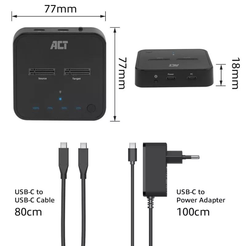 ACT M.2 NVMe/PCIe dual-SSD-docking-kloonstation, USB-C 3.2 Gen2