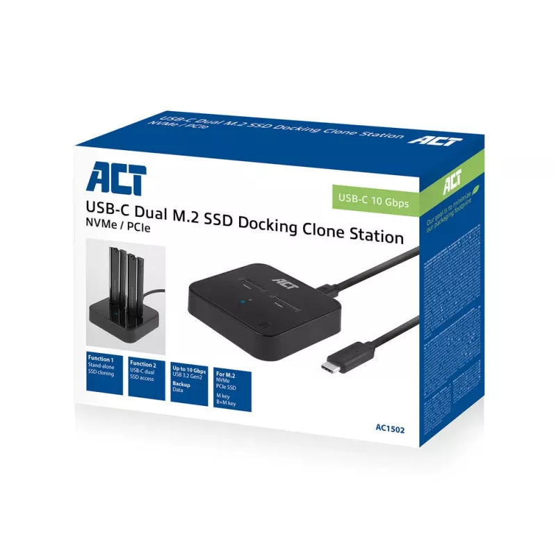 ACT M.2 NVMe/PCIe dual-SSD-docking-kloonstation, USB-C 3.2 Gen2