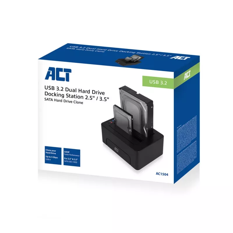 ACT 2,5 inch en 3,5 inch SATA dual-HDD/SSD-dockingstation, USB 3.2 Gen1