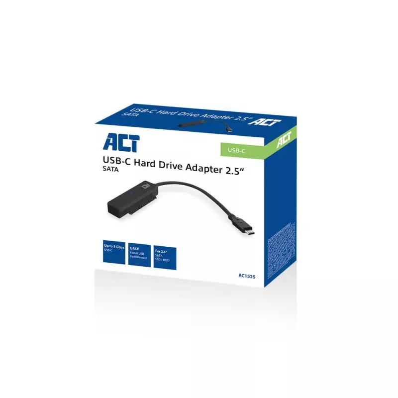 ACT AC1525 kabeladapter USB-C naar SATA 7-pins + 15-pins, zwart