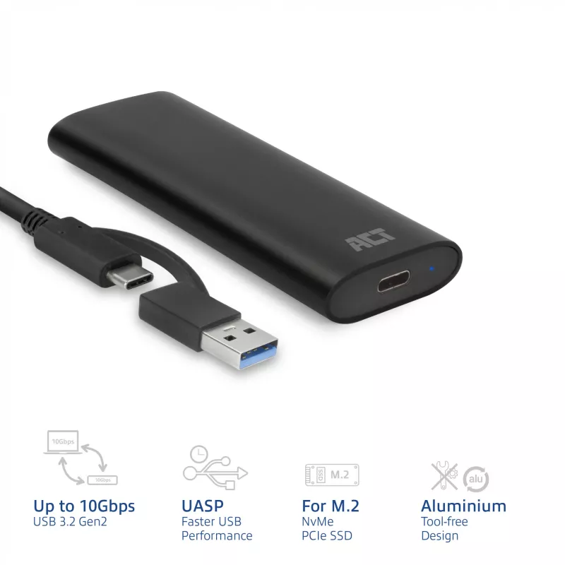 SSD-behuizing ACT AC1615 USB-C M.2 NVMe PCIe 10 Gbit/s zwart
