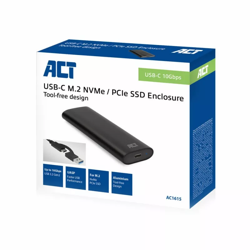 SSD-behuizing ACT AC1615 USB-C M.2 NVMe PCIe 10 Gbit/s zwart