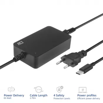 ACT USB-C laptopoplader met Power Delivery-profielen 65 W, laptop, binnen, 100–240 V, 50/60 Hz, 65 W, 5–20 V
