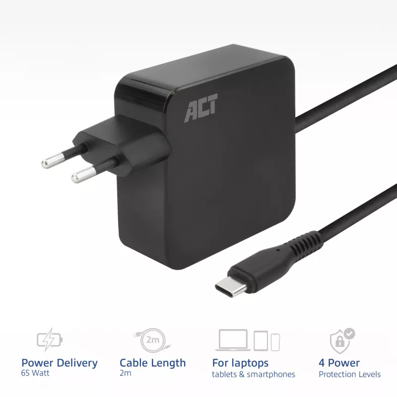 ACT USB-C laptopvoeding 65W met Power-Delivery-profielen, 2 meter