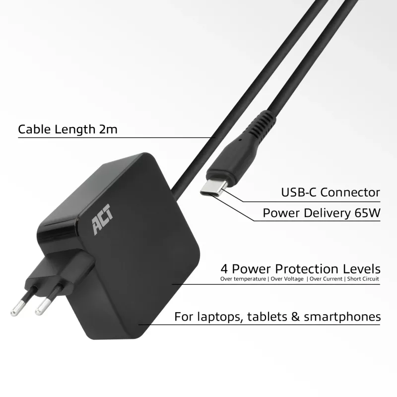 ACT USB-C laptopvoeding 65W met Power-Delivery-profielen, 2 meter