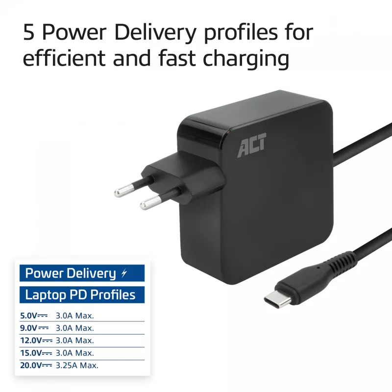 ACT USB-C laptopvoeding 65W met Power-Delivery-profielen, 2 meter