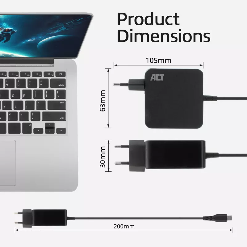 ACT USB-C laptopvoeding 65W met Power-Delivery-profielen, 2 meter