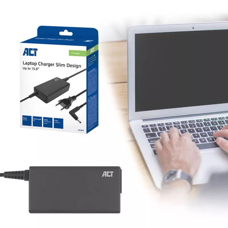 ACT slanke oplader 65W (voor laptops tot 15,6 inch)