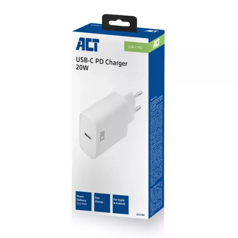 ACT compacte USB-C oplaadadapter 20W snelladen binnen universeel wit
