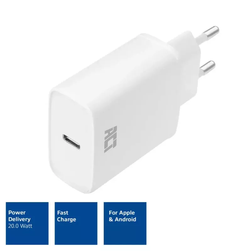 ACT compacte USB-C oplaadadapter 20W snelladen binnen universeel wit