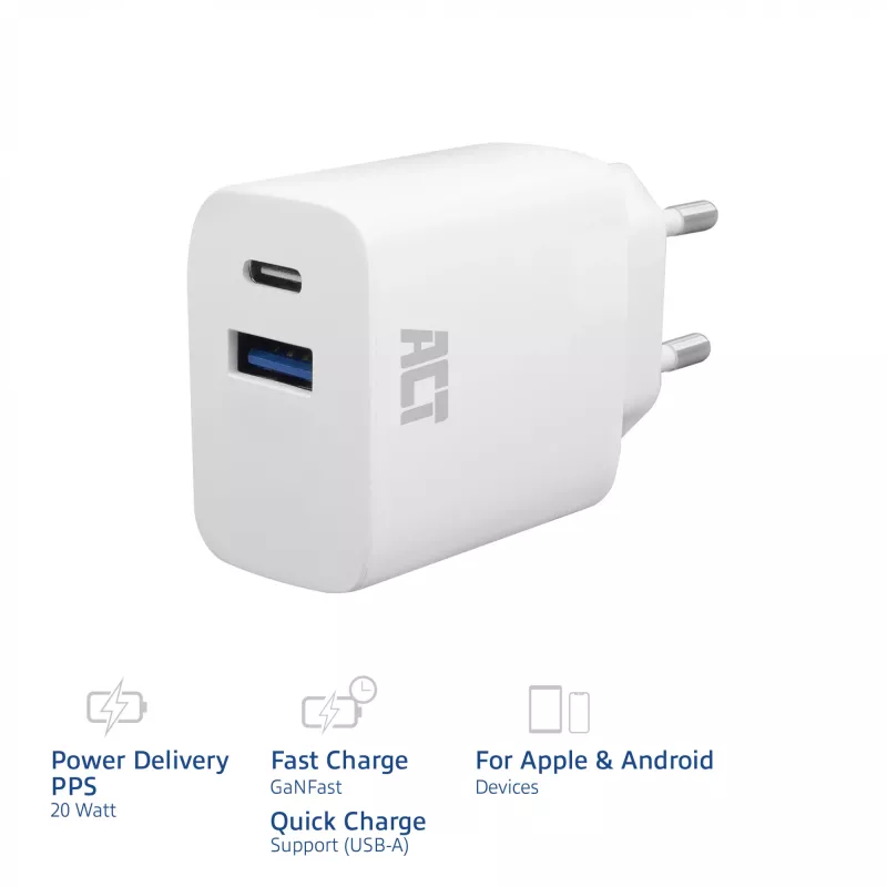 ACT USB-C & USB-A oplader 20 W met Power Delivery PPS, Quick Charge, GaNFast