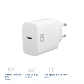 USB-C oplader ACT 35W Power Delivery PPS GaNFast universeel