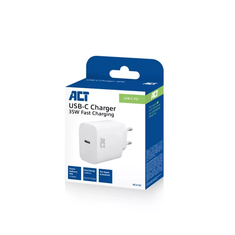 USB-C oplader ACT 35W Power Delivery PPS GaNFast universeel