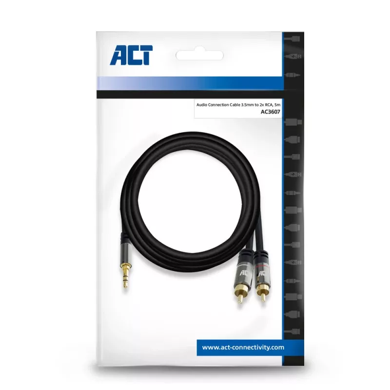 ACT 5 meter hoogwaardige audioverbindingskabel 1x 3,5 mm jackstekker – 2x cinchstekker
