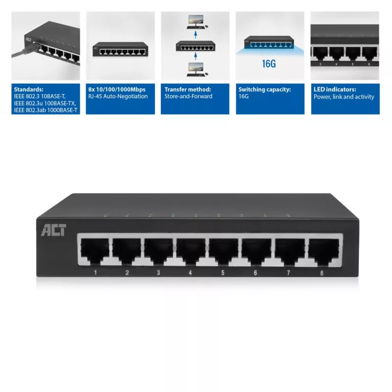 Unmanaged switch ACT AC4418 8 poorten Gigabit Ethernet 10/100/1000