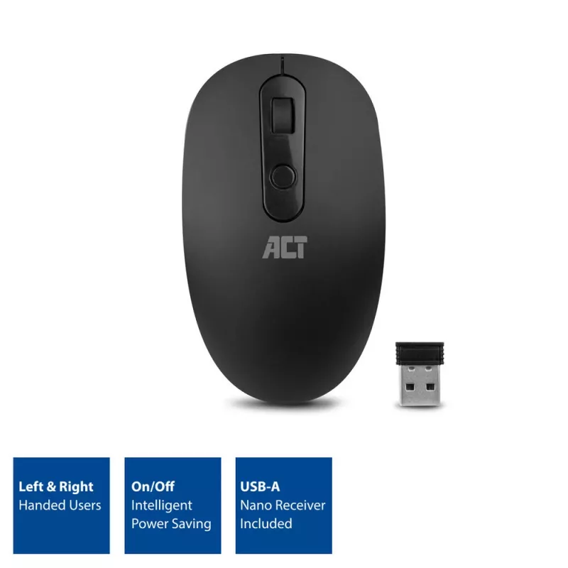 ACT draadloze muis 1200 DPI, dubbelhandig, RF draadloos, 1200 DPI, zwart