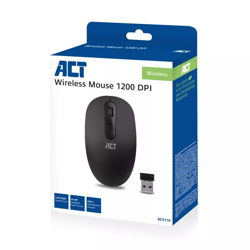 ACT draadloze muis 1200 DPI, dubbelhandig, RF draadloos, 1200 DPI, zwart