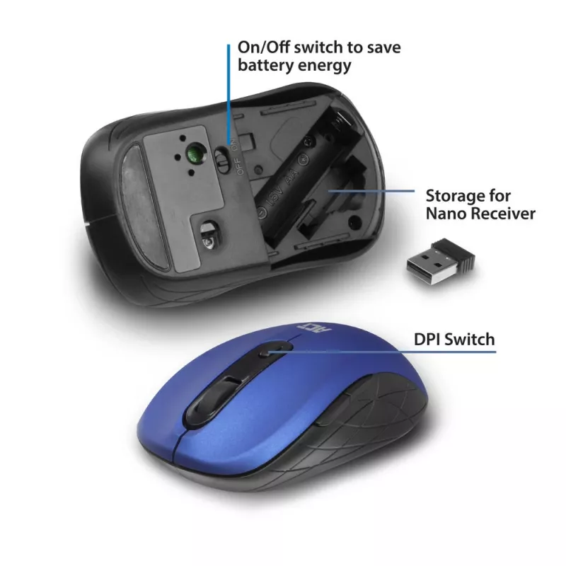 ACT AC5140 tweehandige draadloze muis, 1600 DPI, RF Wireless, blauw/zwart