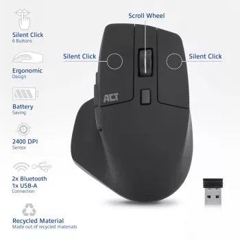 ACT draadloze Multi-Connect muis Bluetooth of USB-A-ontvanger, 2400 DPI met Silent Click, milieuvriendelijk