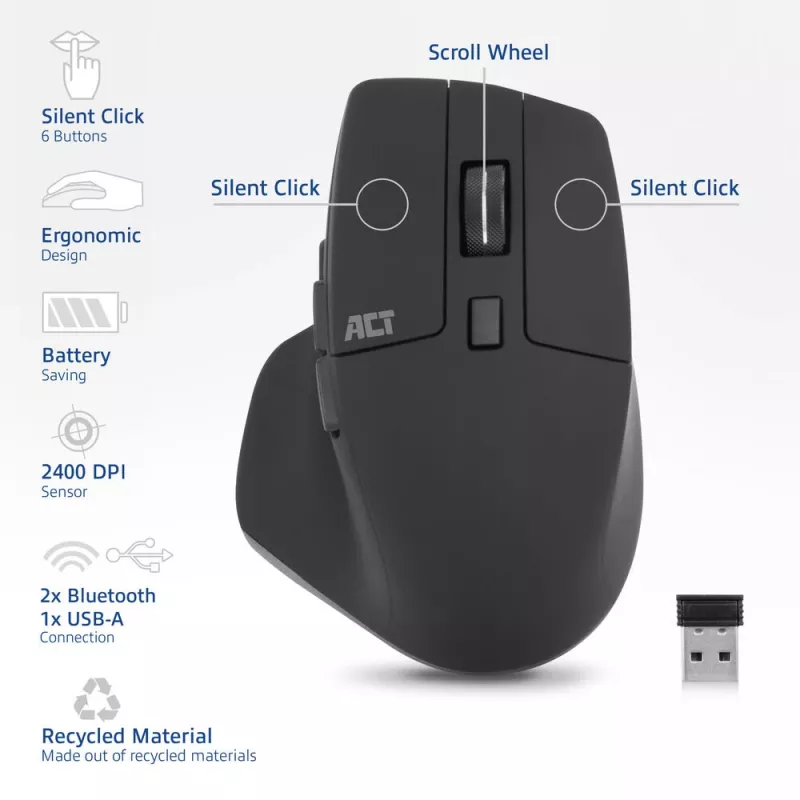 ACT draadloze Multi-Connect muis Bluetooth of USB-A-ontvanger, 2400 DPI met Silent Click, milieuvriendelijk