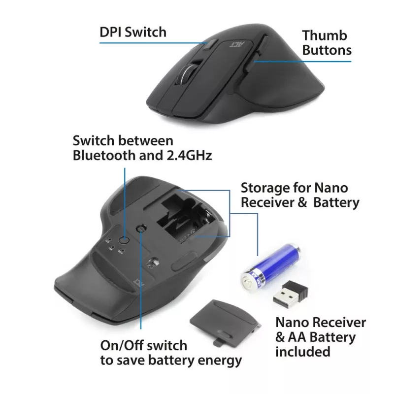 ACT draadloze Multi-Connect muis Bluetooth of USB-A-ontvanger, 2400 DPI met Silent Click, milieuvriendelijk
