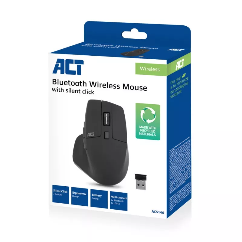 ACT draadloze Multi-Connect muis Bluetooth of USB-A-ontvanger, 2400 DPI met Silent Click, milieuvriendelijk