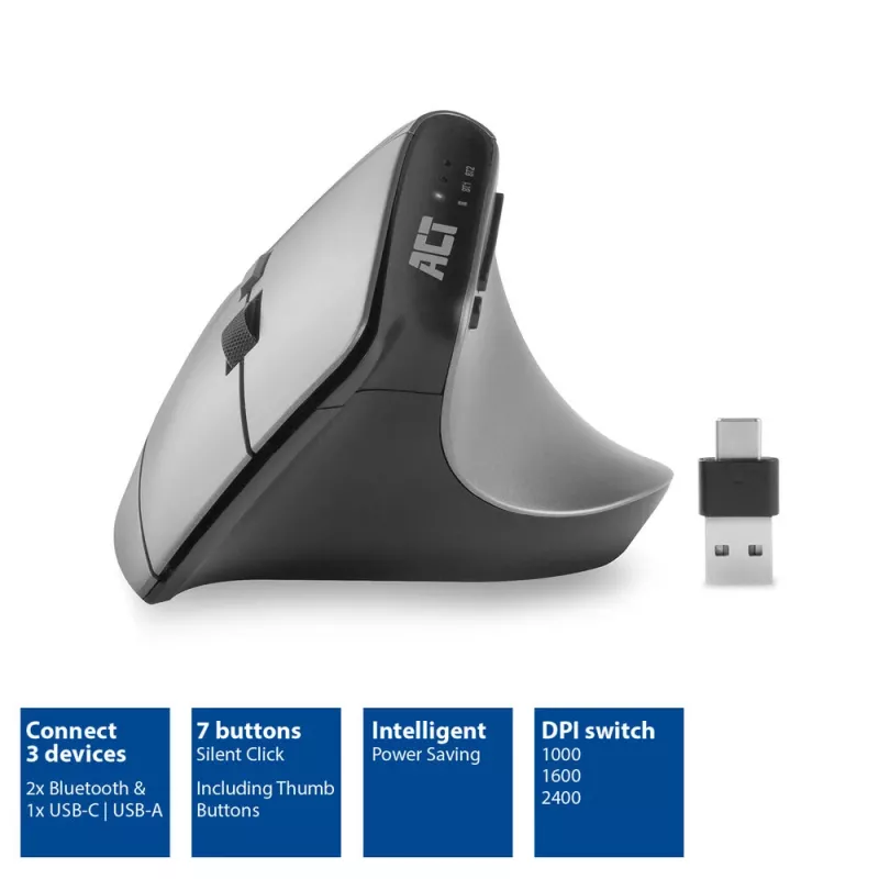 ACT draadloze ergonomische muis met Bluetooth en USB-C/USB-A
