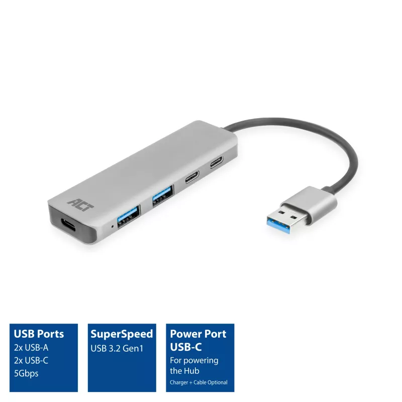 USB-hub ACT AC6125 3.2 Gen 1 Type-A 5000 Mbit/s grijs