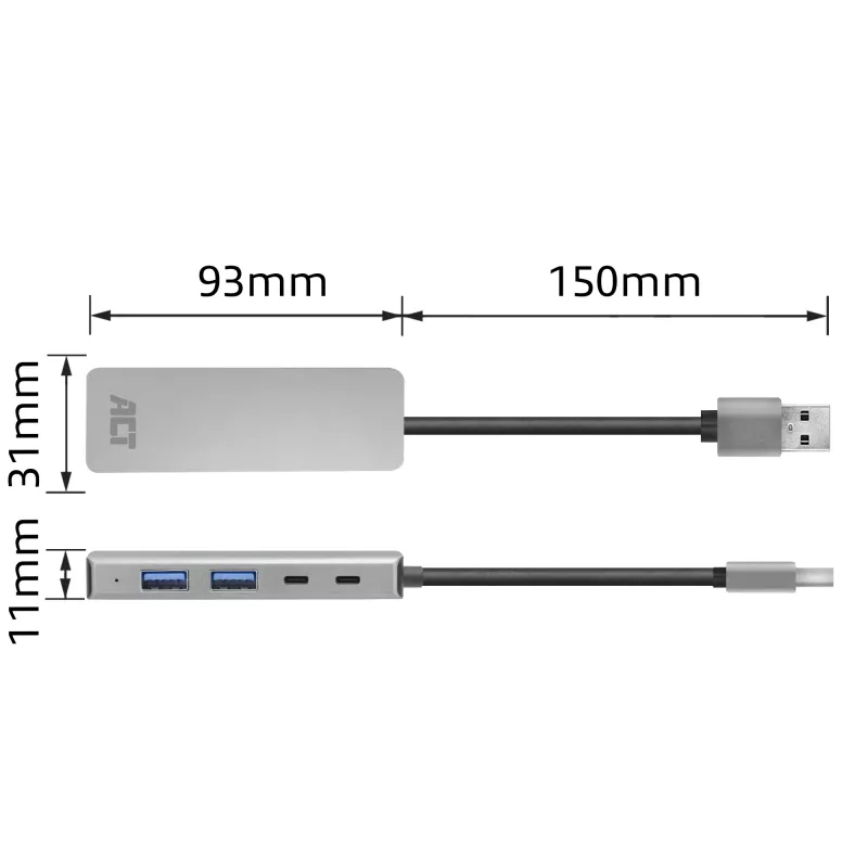 USB-hub ACT AC6125 3.2 Gen 1 Type-A 5000 Mbit/s grijs