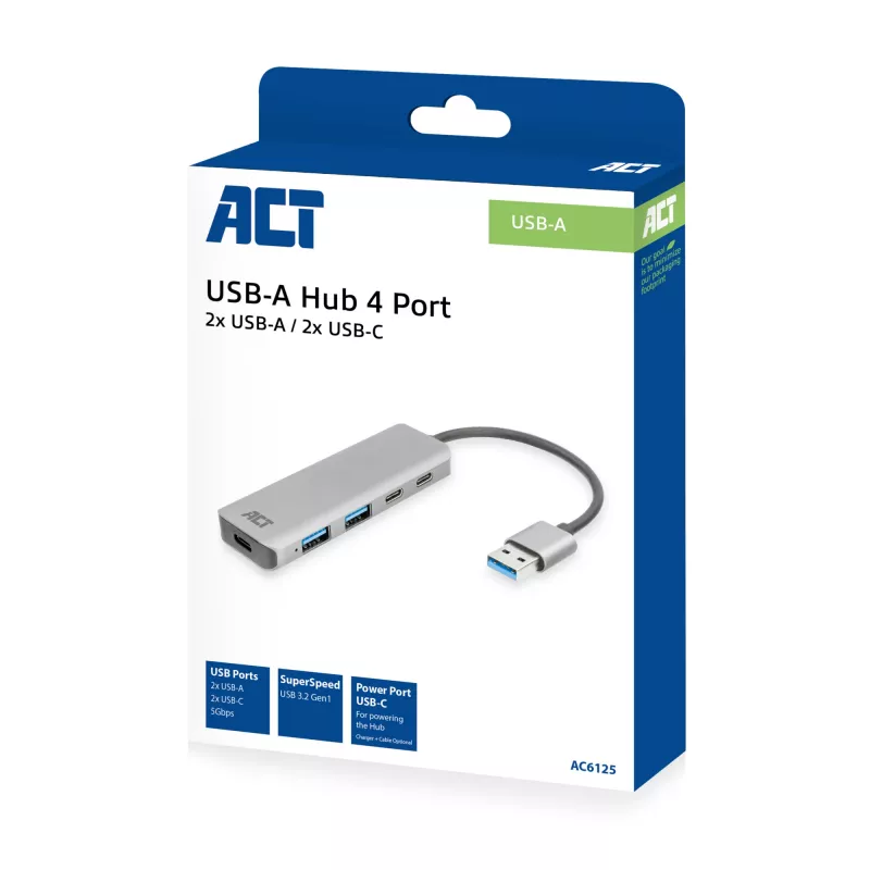 USB-hub ACT AC6125 3.2 Gen 1 Type-A 5000 Mbit/s grijs
