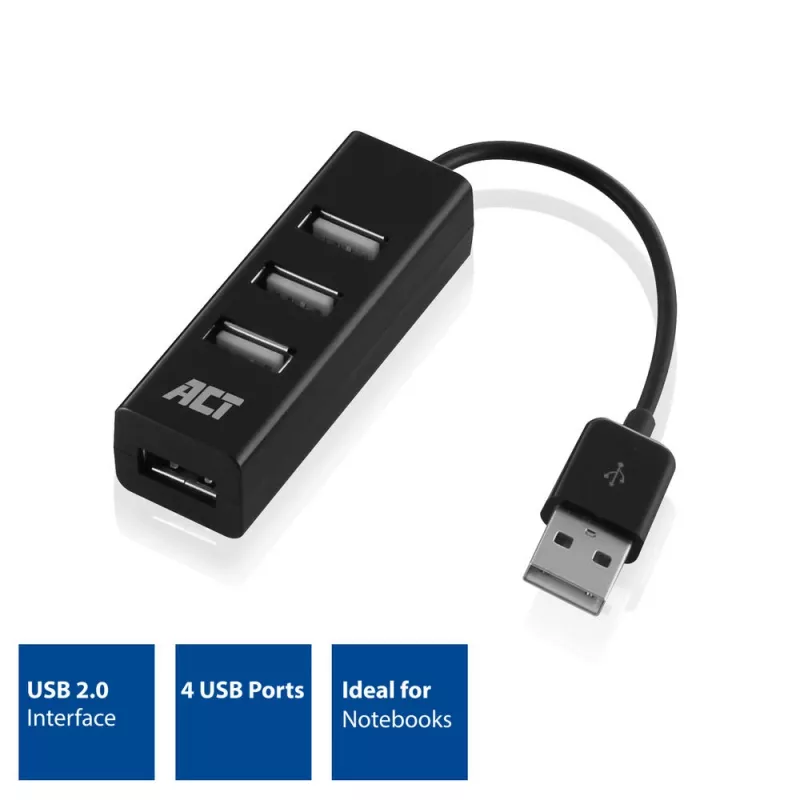 USB-hub ACT AC6205 2.0 480 Mbit/s zwart 0,12 m