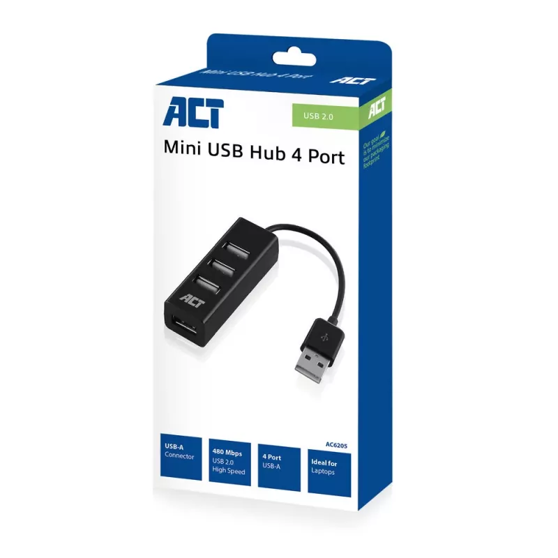 USB-hub ACT AC6205 2.0 480 Mbit/s zwart 0,12 m