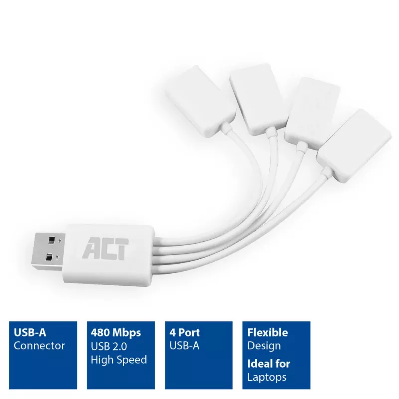 ACT USB-hub 4 poorten USB-A flexibel USB 3.2 Gen 1 wit 480 Mbit/s
