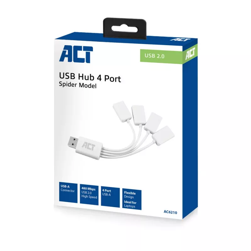 ACT USB-hub 4 poorten USB-A flexibel USB 3.2 Gen 1 wit 480 Mbit/s