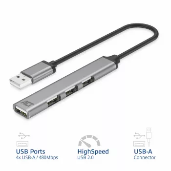 ACT AC6225 USB 2.0-hub 480 Mbit/s grijs aluminium