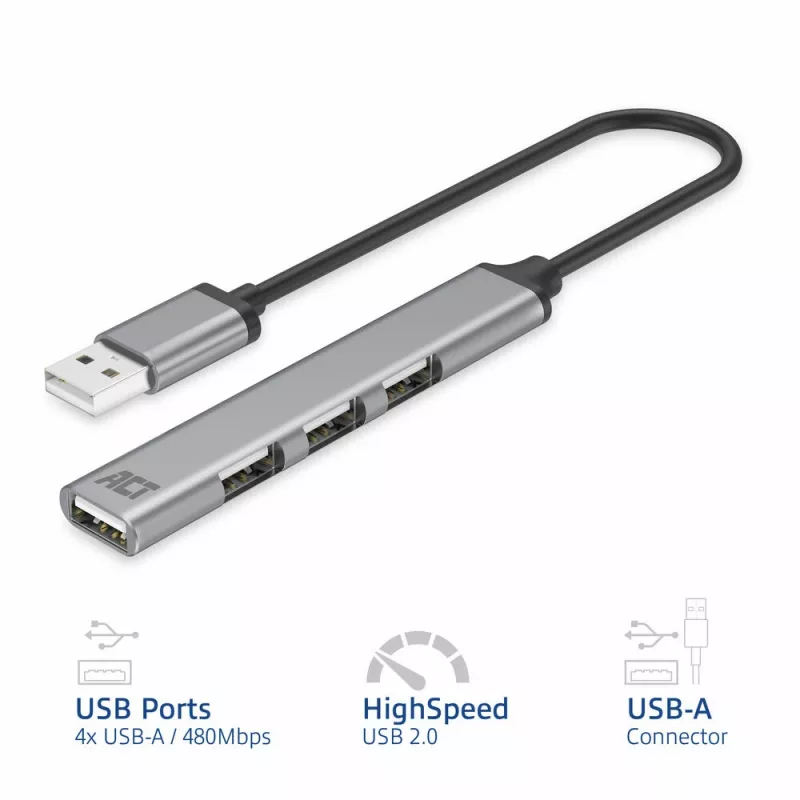 ACT AC6225 USB 2.0-hub 480 Mbit/s grijs aluminium