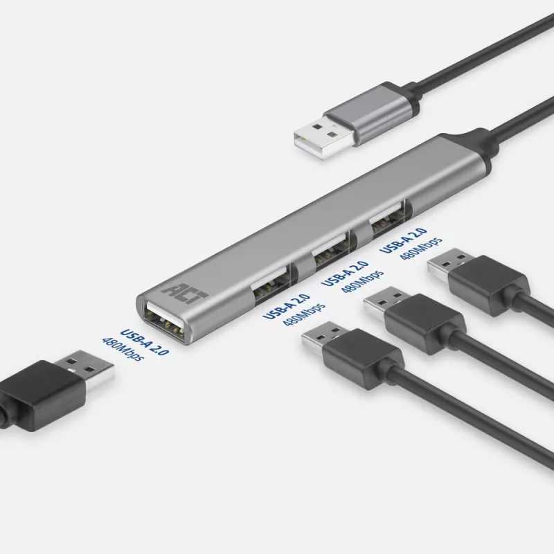 ACT AC6225 USB 2.0-hub 480 Mbit/s grijs aluminium