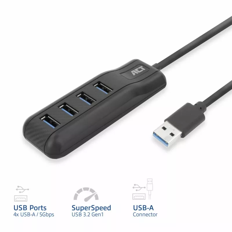 ACT AC6320 interface-hub USB 3.2 Gen 1 (3.1 Gen 1) Type-A 5000 Mbit/s zwart