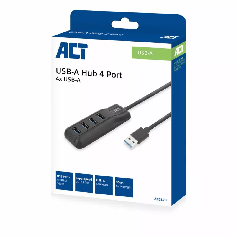 ACT AC6320 interface-hub USB 3.2 Gen 1 (3.1 Gen 1) Type-A 5000 Mbit/s zwart