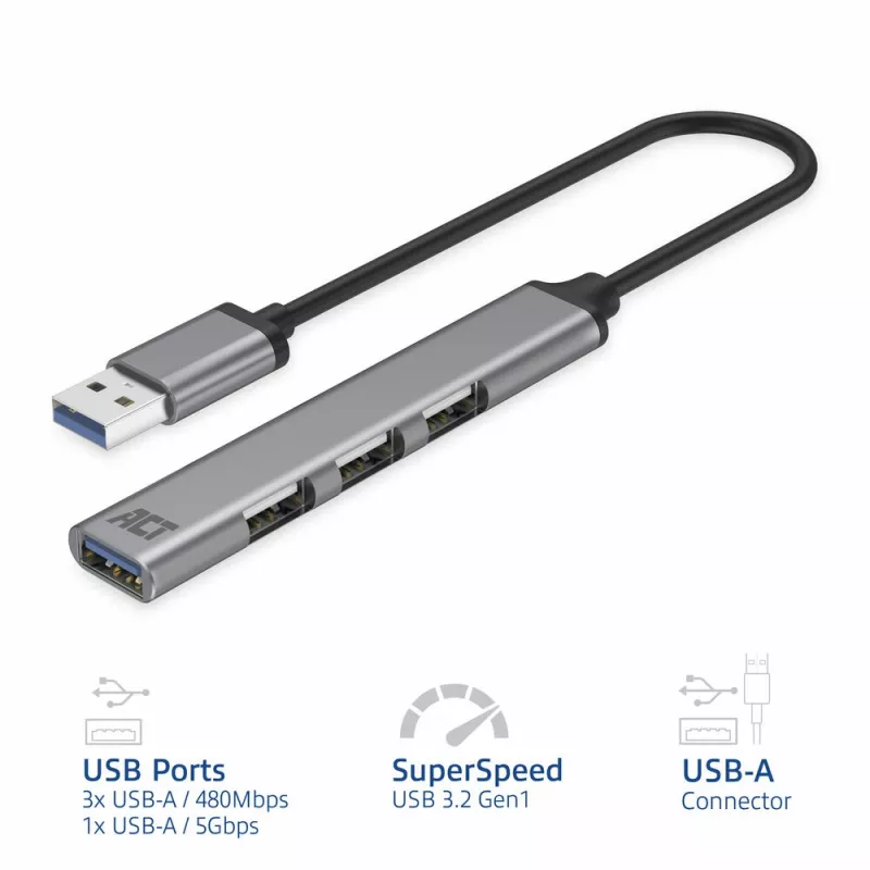 ACT AC6325 USB 3.2 Gen 1 Type-A-hub 5000 Mbit/s grijs