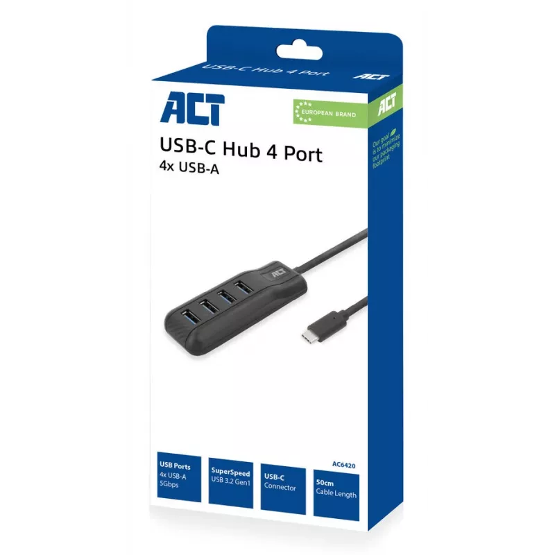 ACT AC6420 interface-hub USB 3.2 Gen 1 (3.1 Gen 1) Type-C 5000 Mbit/s zwart