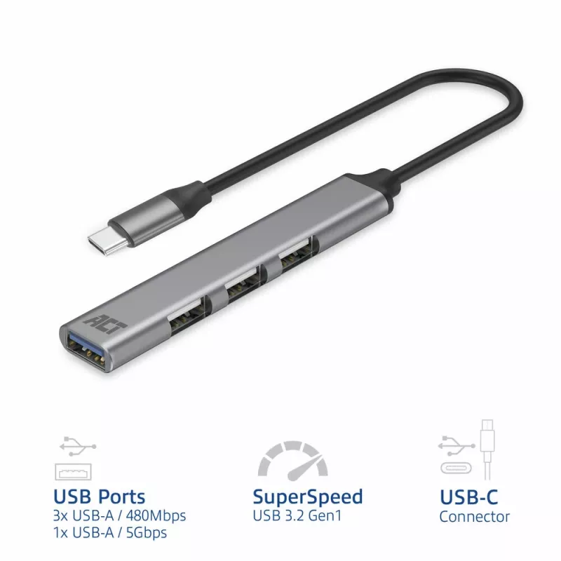 USB-hub ACT AC6425 Type-C 5000 Mbit/s aluminium grijs