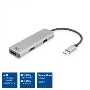 ACT USB-C 4K multiport-adapter voor 2 HDMI-monitoren, USB-A data-aansluiting