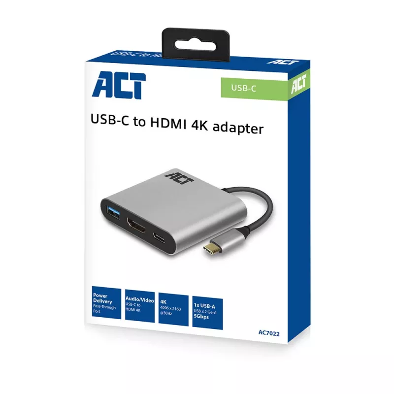 ACT USB-C multiport-adapter voor 1 HDMI-monitor, 1x USB-A, PD-doorgifte