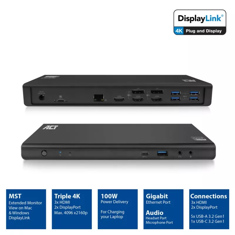 ACT USB-C dockingstation 4K, voor 2 of 3 HDMI/DisplayPort-monitoren, DisplayLink