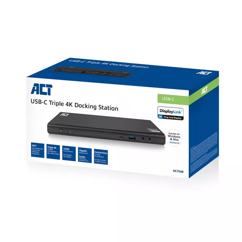 ACT USB-C dockingstation 4K, voor 2 of 3 HDMI/DisplayPort-monitoren, DisplayLink